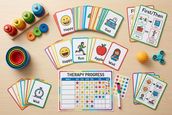 An overhead view reveals a wooden therapy table covered with ABA learning materials and educational tools.