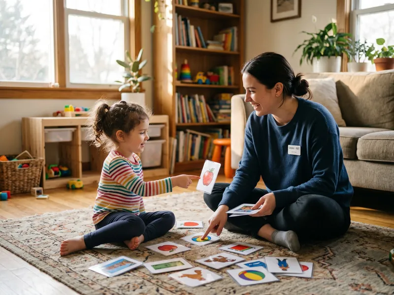 A young child practices communication skills with a behavior technician holding picture cards on a living room rug.