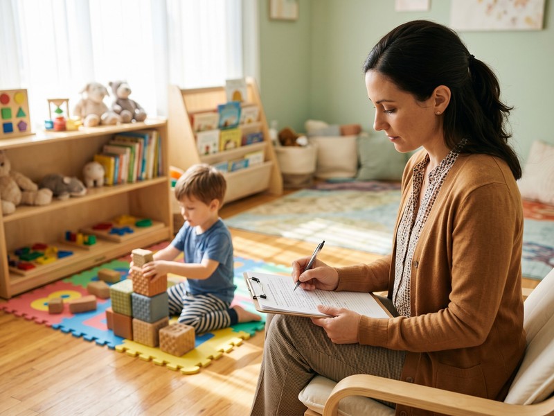 A board certified behavior analyst records careful notes while supervising a young child during an ABA therapy session.