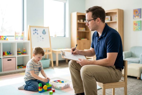 A male BCBA carefully writes observation notes while supervising a child's session at the Suffolk center.