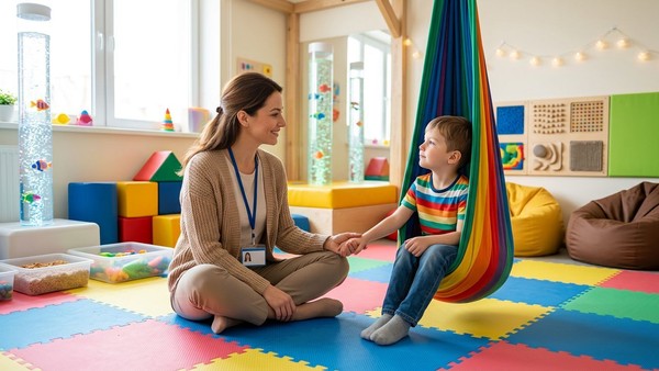 A vibrant therapeutic sensory room features safe, engaging equipment designed for children with autism.