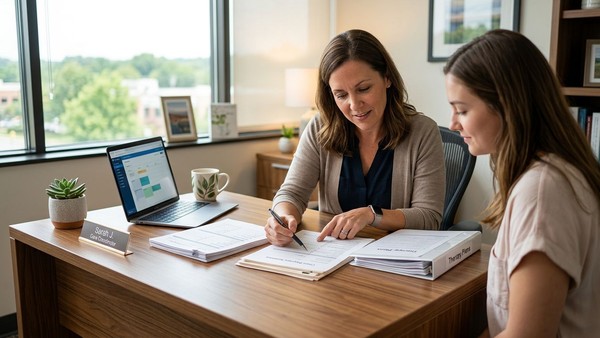 A focused care coordinator carefully reviews important ABA therapy documents at a modern clinic desk.