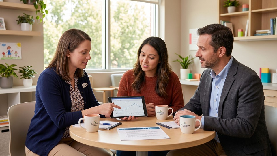A BCBA clinician, parent, and pediatrician collaborate at a table to review a child's individualized ABA plan.