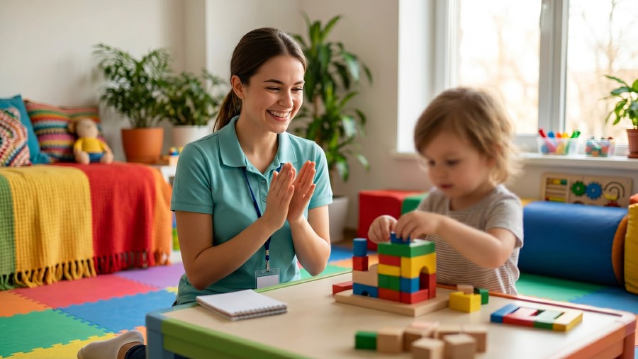 Female ABA therapist beams with pride watching a young child succeed during a session at a bright welcoming therapy center.
