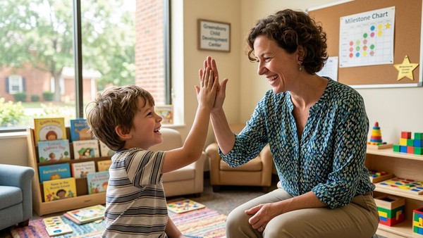 A cheerful therapist celebrates a wonderful milestone with a smiling child at the Greensboro center.