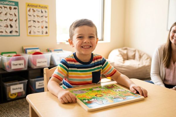 A young boy smiles proudly after successfully completing a puzzle during his therapy session in Suffolk.