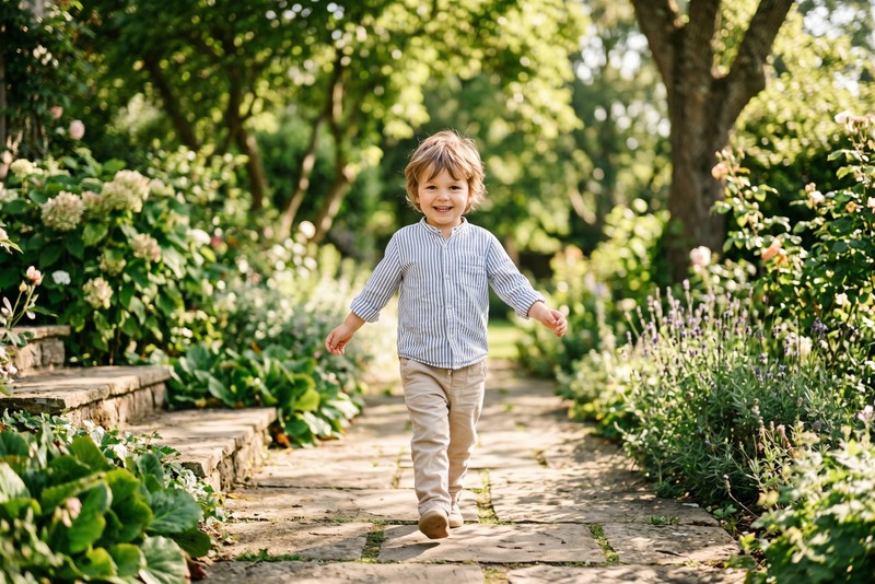 A joyful young child around three years old walks along a sunlit garden path, captured mid-step with a beaming smile.