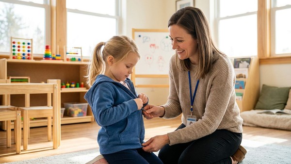 A young child diligently learns important daily routines alongside a supportive therapist in Suffolk.