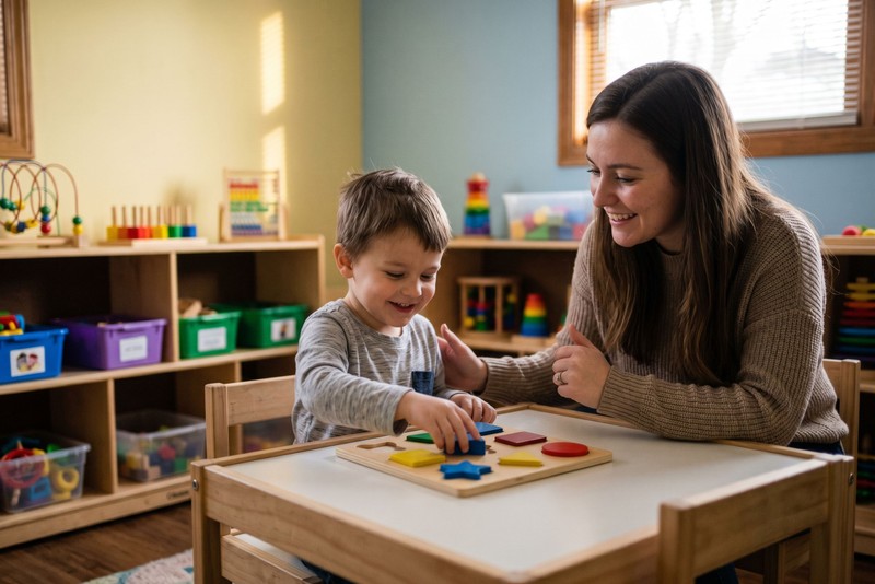 A young child smiles proudly with their behavior technician after completing a wooden shape-sorting task at therapy.