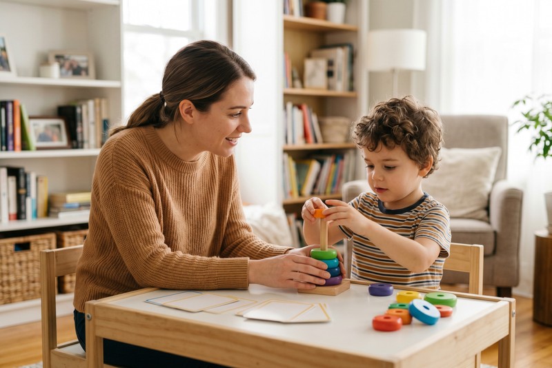 A registered behavior technician guides a young child through tabletop learning activities during an in-home ABA session.