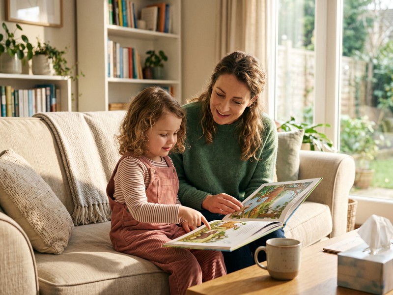 A therapist and a young child share a picture book on the couch, practicing communication during an in-home therapy visit.