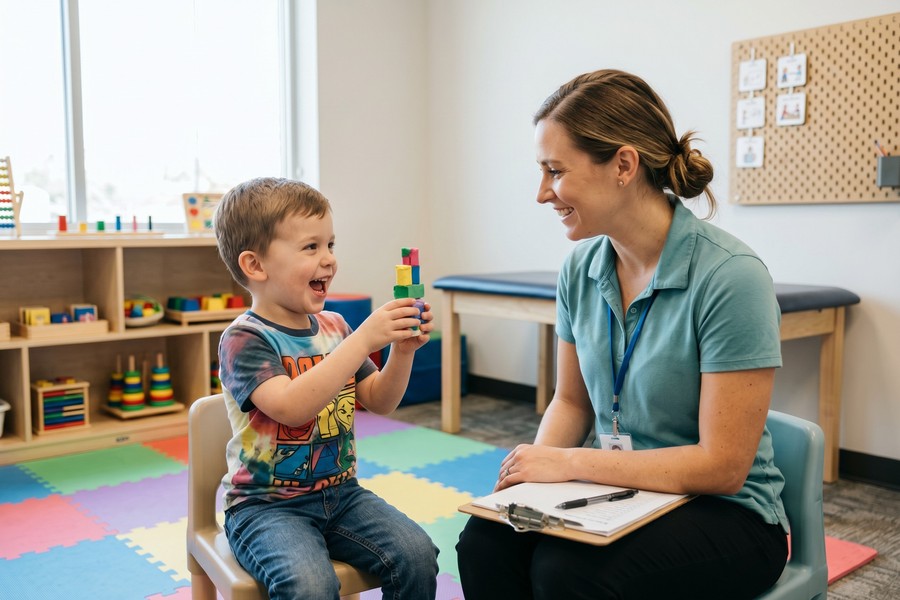 A young child beams with pride showing a handmade creation to an attentive ABA therapist in a bright therapy center.
