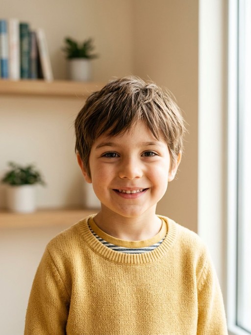A confident smiling child at the center of the CareWorks coordinated ABA care team, bright warm portrait of joyful progress.
