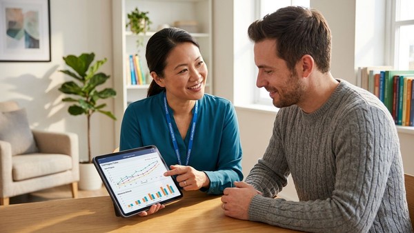 A dedicated clinician carefully reviews detailed treatment data and progress charts with an engaged parent.