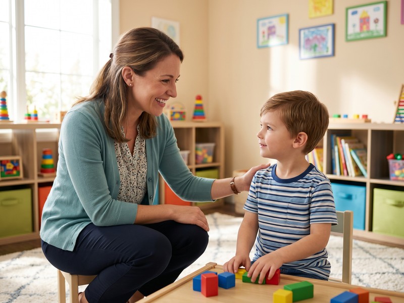 A behavior analyst shares an encouraging moment with a young child during a warm, supportive ABA therapy session.
