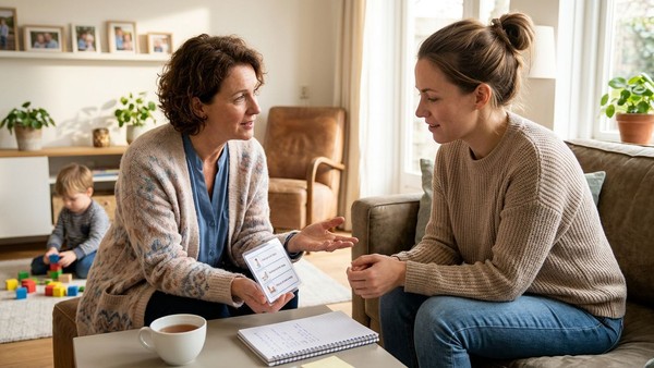 An expert therapist coaches an engaged parent on effective behavioral techniques during an in-home session.