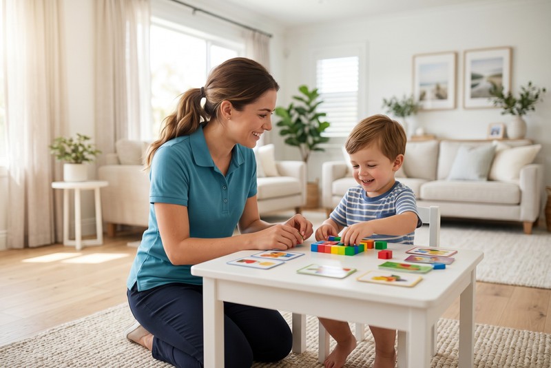 A behavior technician guides a young child through a focused in-home ABA session in a bright, sunlit family living room.
