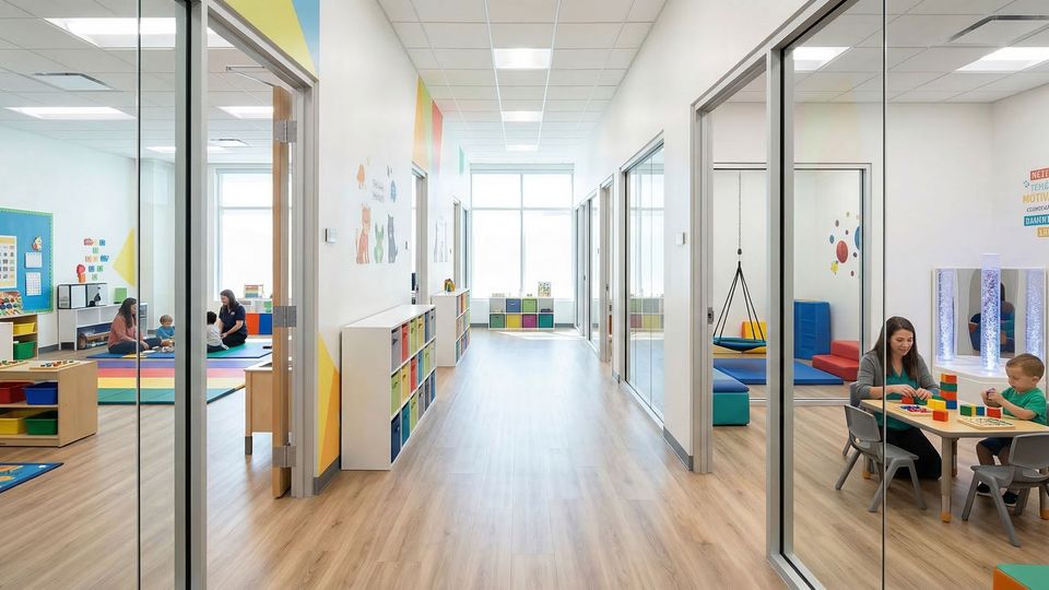 The vibrant interior of a CareWorks ABA therapy center features modern equipment and a welcoming environment.