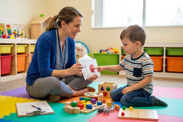 A Board Certified Behavior Analyst conducts a comprehensive ABA therapy assessment with a young child.