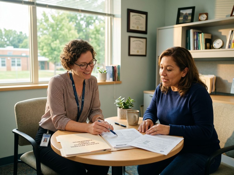 School counselor and parent partnering at an office table to refer a child to ABA services for early intervention.