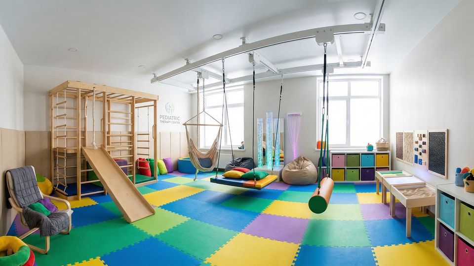 A wide shot showcases a bright sensory room equipped with therapeutic swings at a CareWorks ABA center.