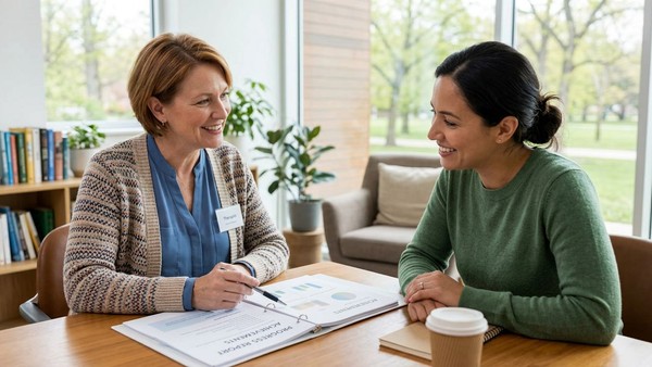 A knowledgeable therapist discusses positive therapy outcomes and progress with a parent in Greensboro.