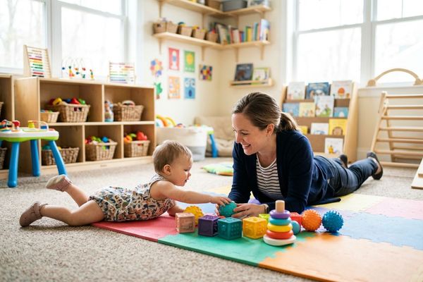 An ABA therapist sits on the floor engaging a toddler in structured play-based early intervention therapy.