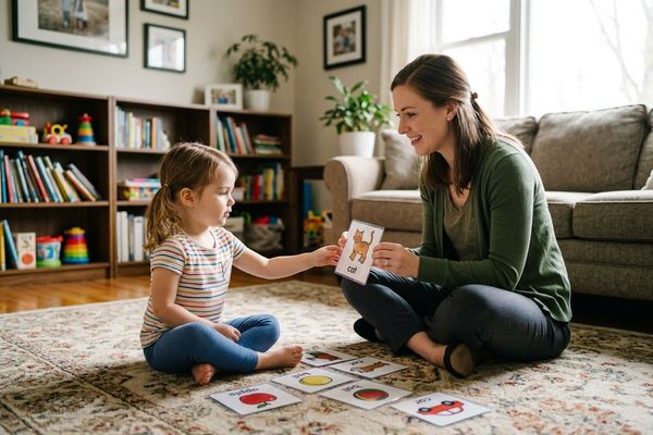 An experienced ABA therapist works closely with a young child during an in-home therapy session for a Virginia family.