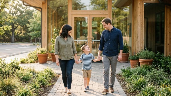A happy family walks through the front entrance of a CareWorks ABA therapy center for their appointment.