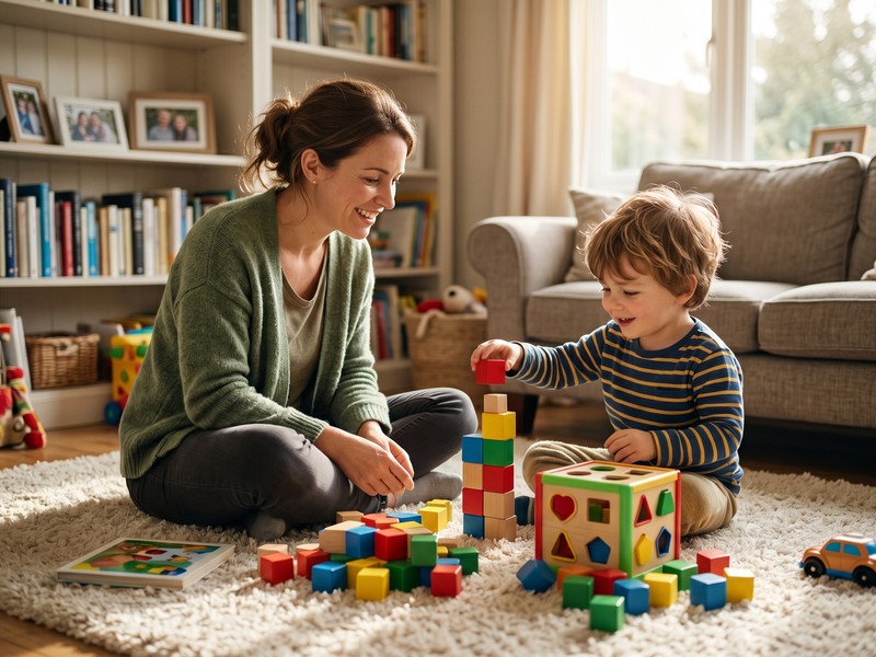 A therapist and a young child build with blocks and shape sorters on the floor during a playful in-home therapy session.