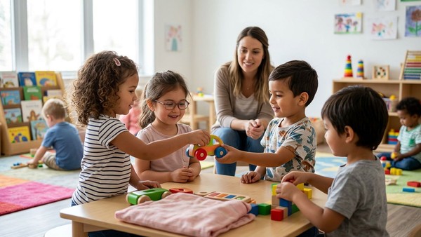 Children develop important social skills by sharing and playing together in a supervised group setting.