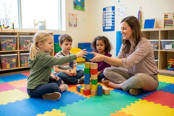 Several young children participate in a facilitated group social activity at a bright therapy center.