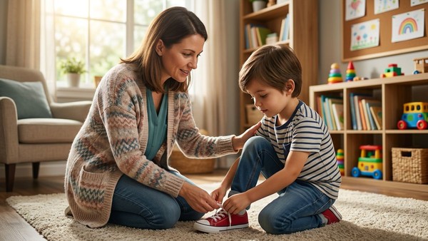 An attentive therapist guides a young child through practical daily living exercises during a session.