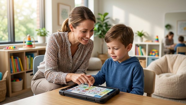 A supportive therapist gently guides a young child as they learn to use a speech communication device.