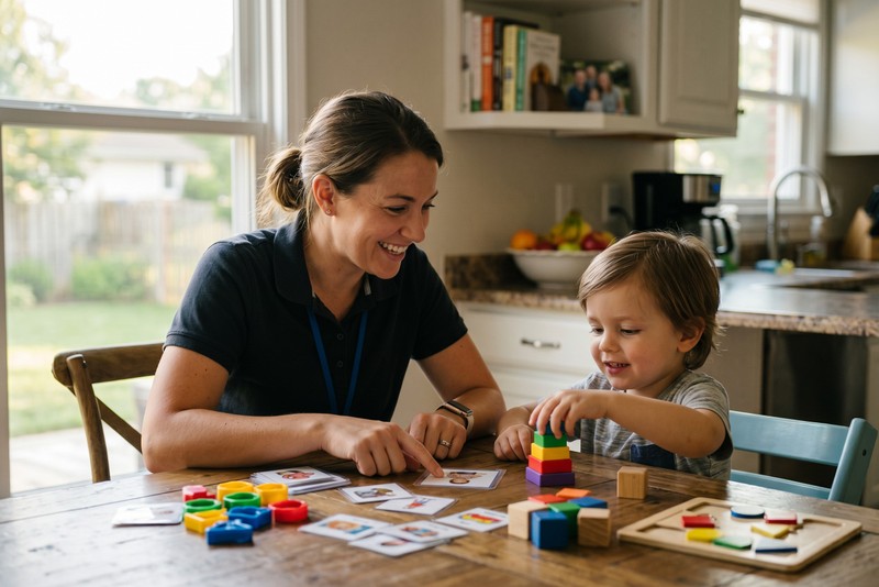 A behavior technician and a young child work through learning activities at a kitchen table during an in-home ABA session.