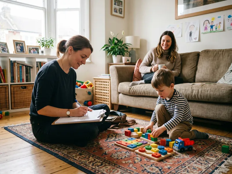 A behavior analyst completes an initial in-home assessment while a young child explores learning materials nearby.
