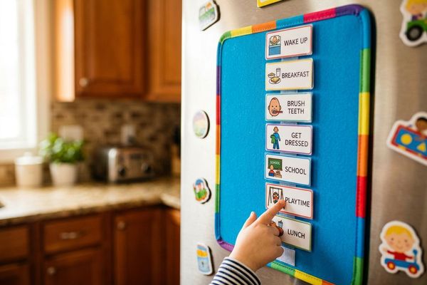 A colorful visual schedule is displayed on a refrigerator to help a child easily follow daily routines.