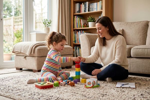 An ABA therapist and a young child play together on the living room floor during an in-home session.