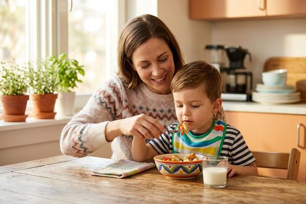 A parent successfully uses learned ABA strategies with their child at the kitchen table during mealtime.