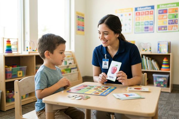 A Registered Behavior Technician works one-on-one with a child during a center-based therapy session.