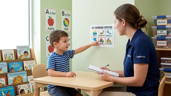 A pre-kindergarten-age child practices a school-readiness routine with a CareWorks therapist during a Pathways program session.