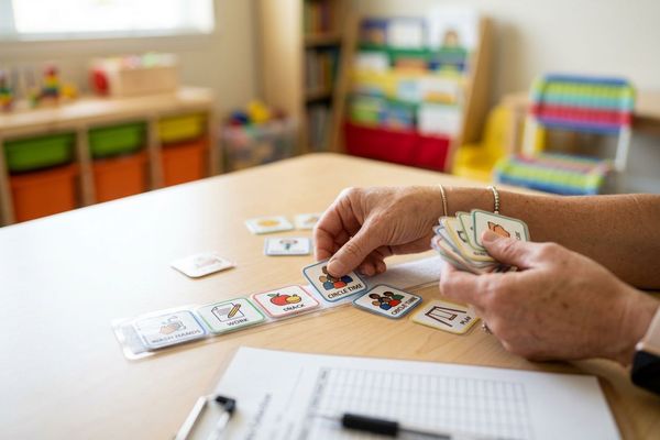 A close-up view highlights laminated visual schedule cards and a timer resting on a wooden therapy table.