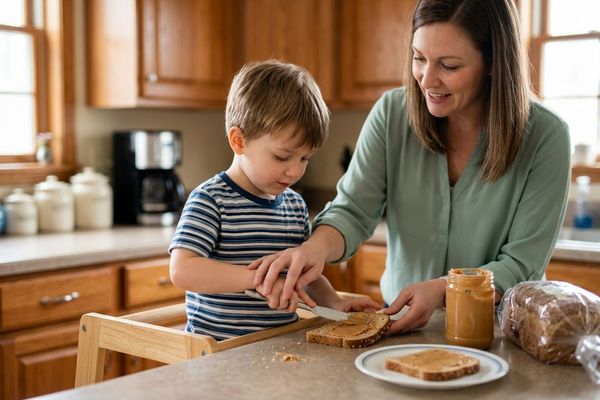 A child learns valuable kitchen and daily living skills with therapist guidance during in-home ABA therapy.