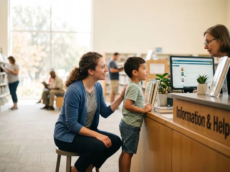 A behavior technician helps a young child practice asking for help at the library during a community based session.
