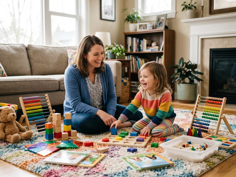 A therapist and a young child practice play-based learning on the living room floor during an in-home therapy visit.
