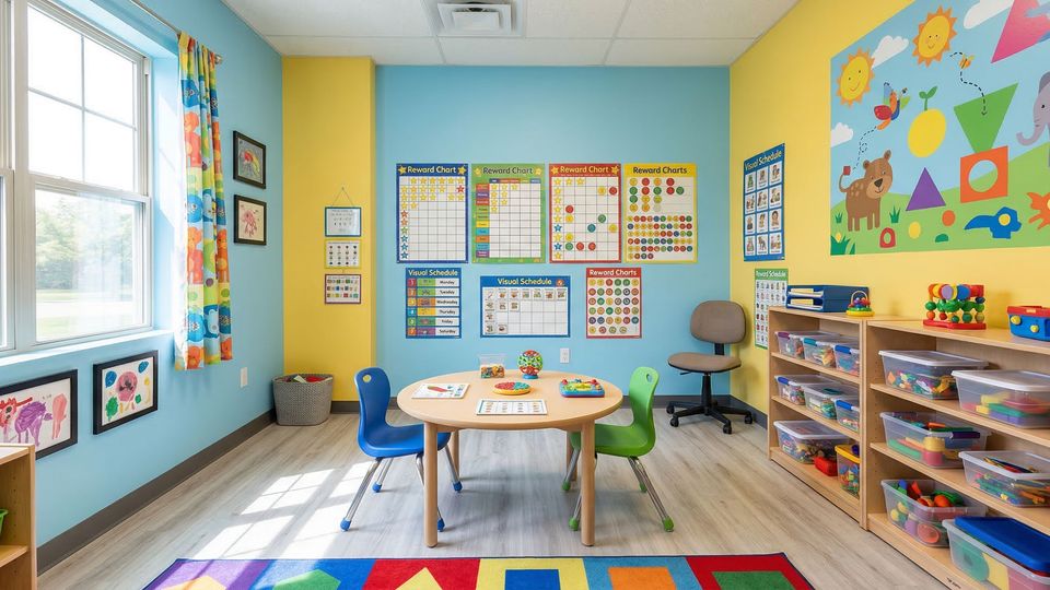 A bright and modern CareWorks ABA therapy center features colorful equipment and individual stations.