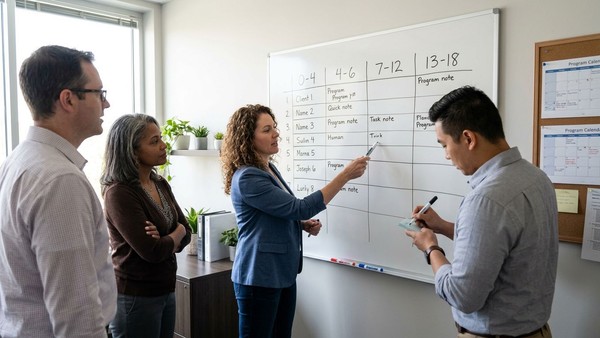 A CareWorks clinical team huddles around a whiteboard during a multi-program planning session that spans every developmental age band.