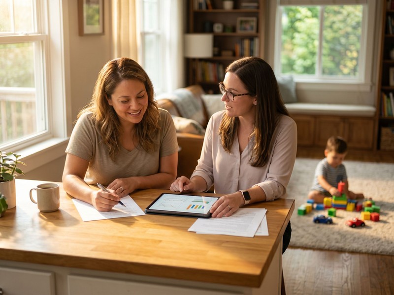 Parent and BCBA review therapy progress notes together at a sunlit kitchen table while their young child plays calmly nearby.