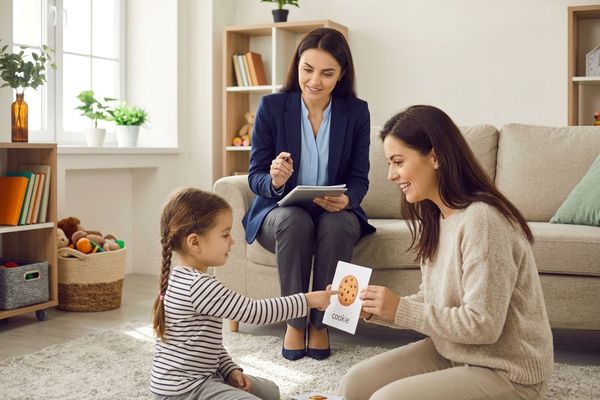 A Board Certified Behavior Analyst coaches a parent on effective ABA strategies during an in-home session.