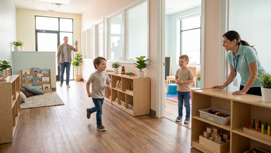 A parent waves goodbye as their child confidently runs ahead to greet classmates at a bright welcoming ABA therapy center.